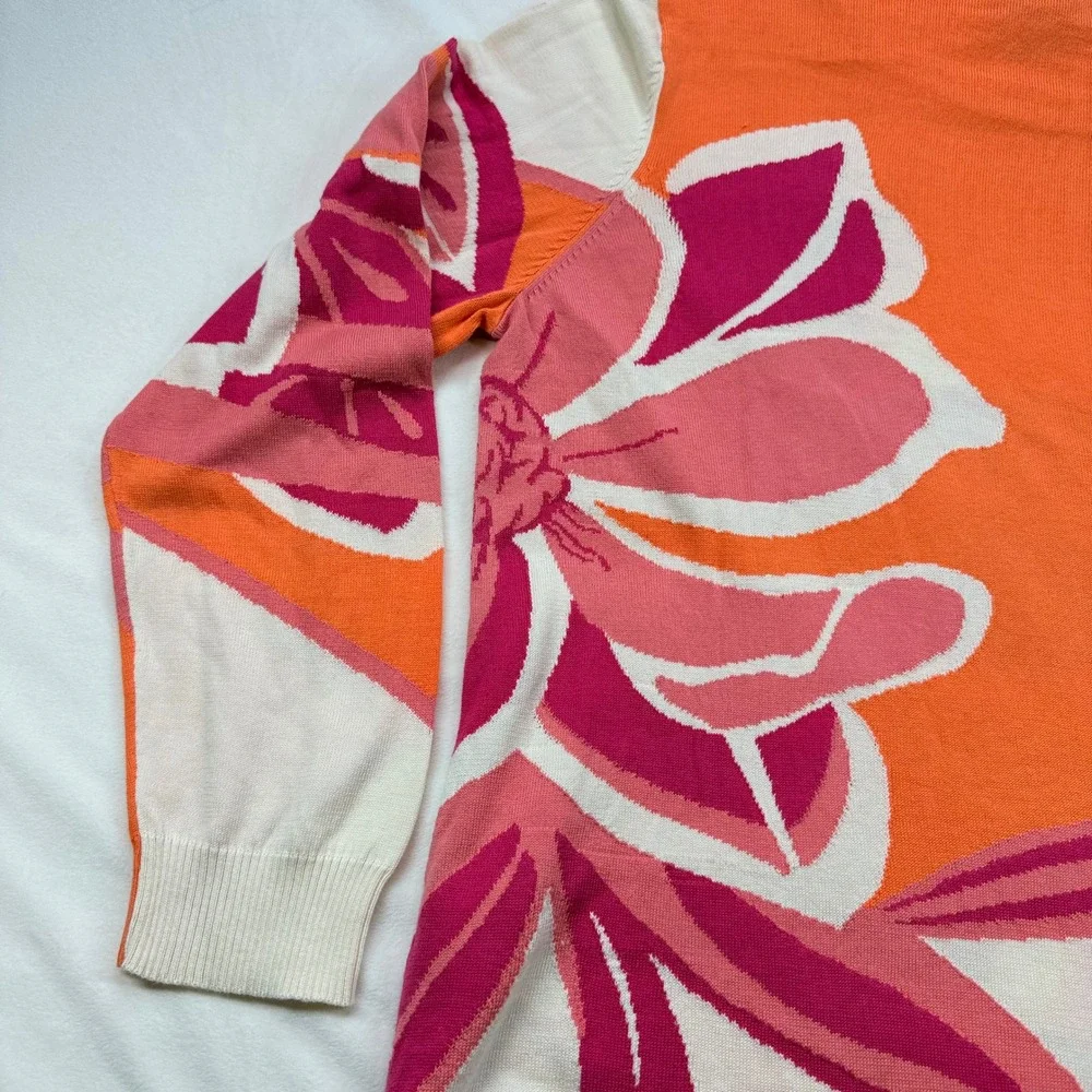 Chicos Orange Pink Floral‎ Intarsia Cotton Lyocell Knit Sweater Top Size 2